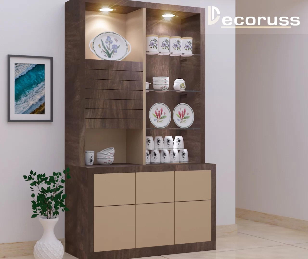 wooden and cream color crockery cabinet design with lighting 